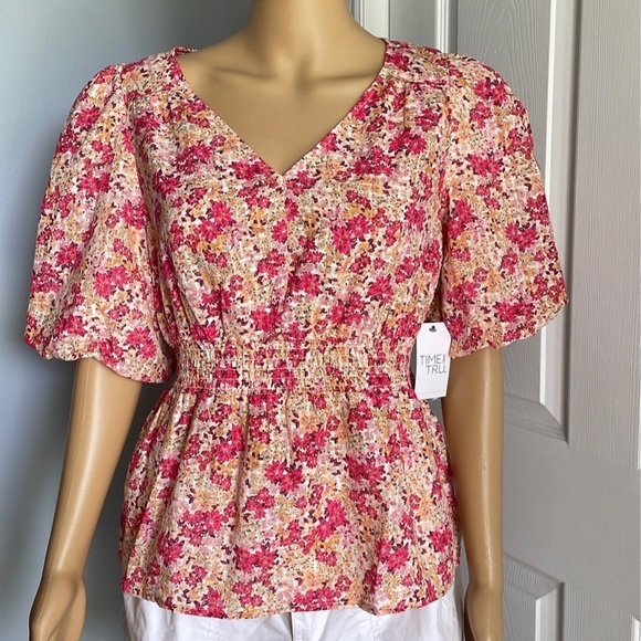 Time‎ and Tru Lined Puff Sleeve Shirred Waist Floral Top - Medium - Picture 1 of 15